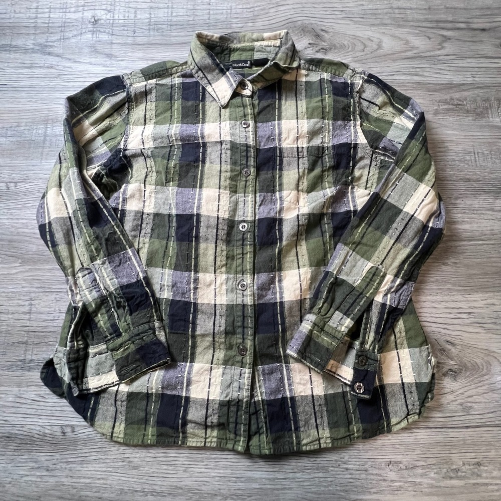 NorthCrest Plaid Button Down Shirt Womens L Green Cotton Blend Long Sleeve AA54